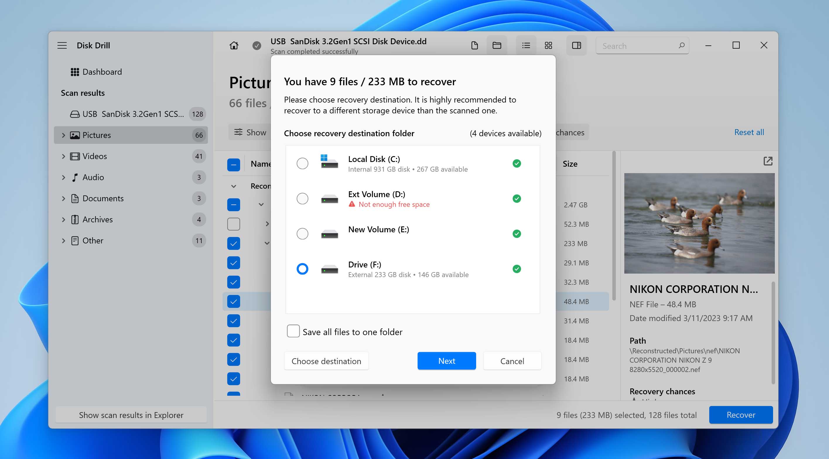 disk drill sony recovery location selected