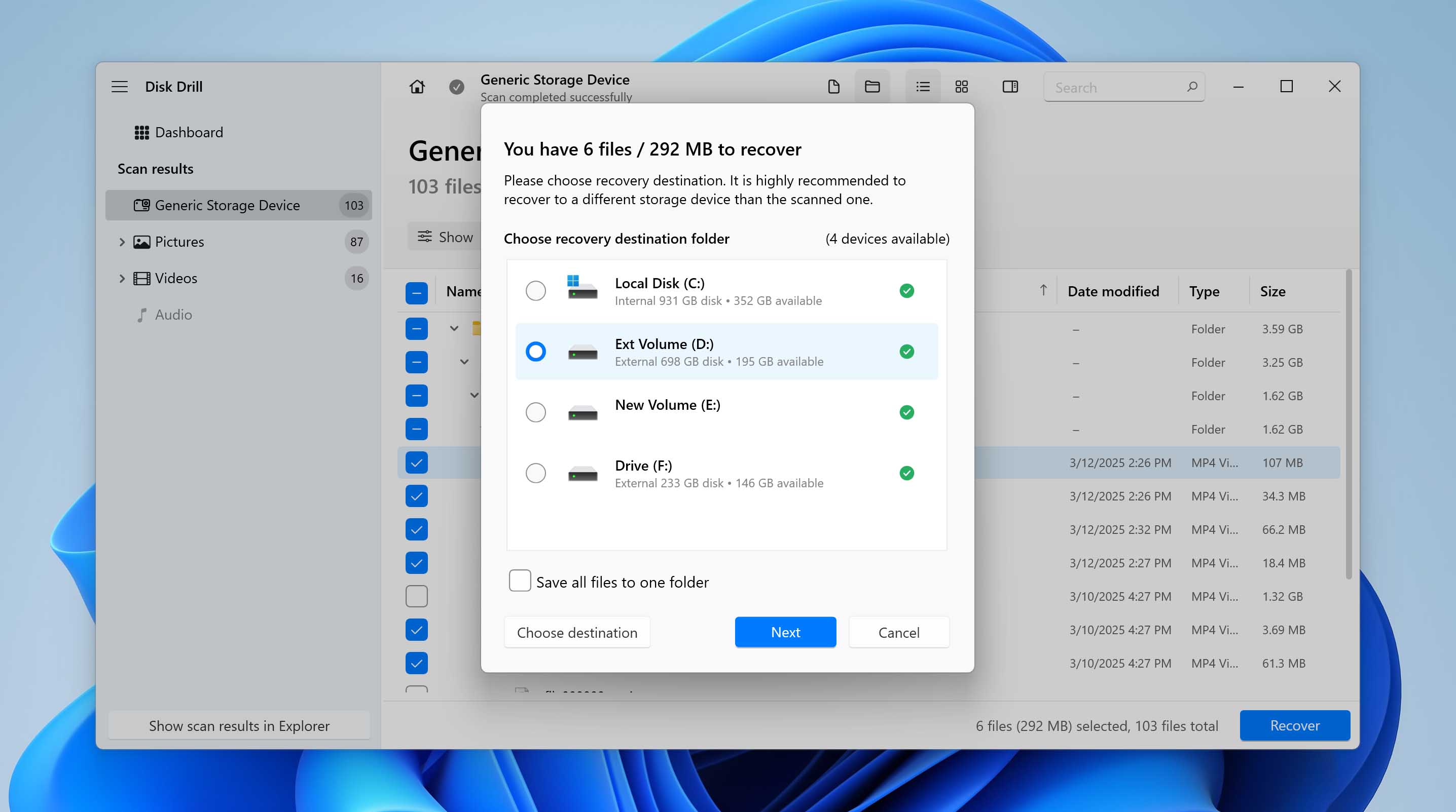 choose recovery location for files