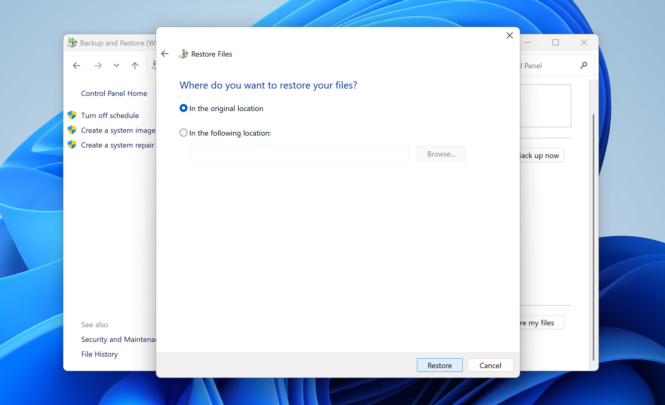 choose restore location