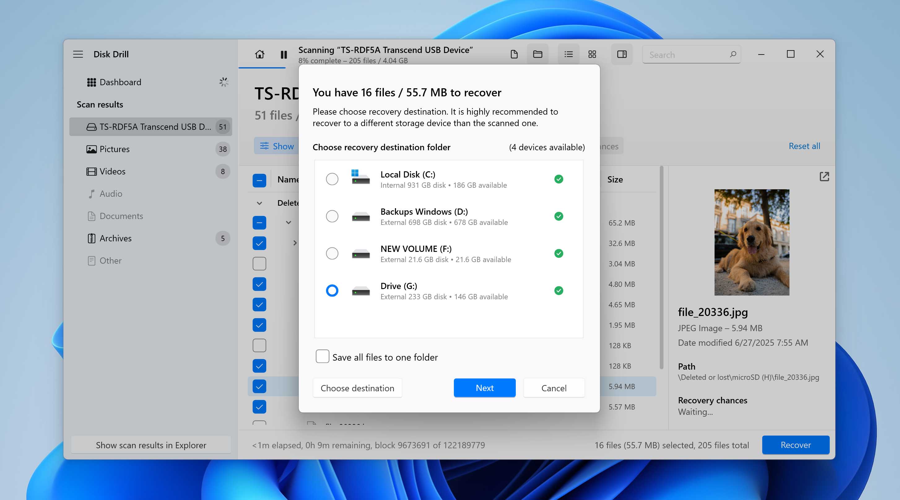 choose recovery location for files