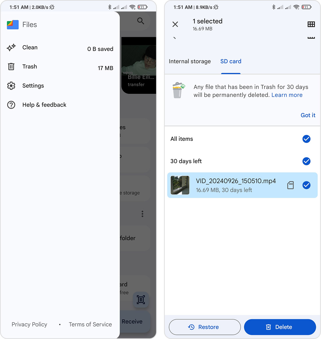 open trash folder on android