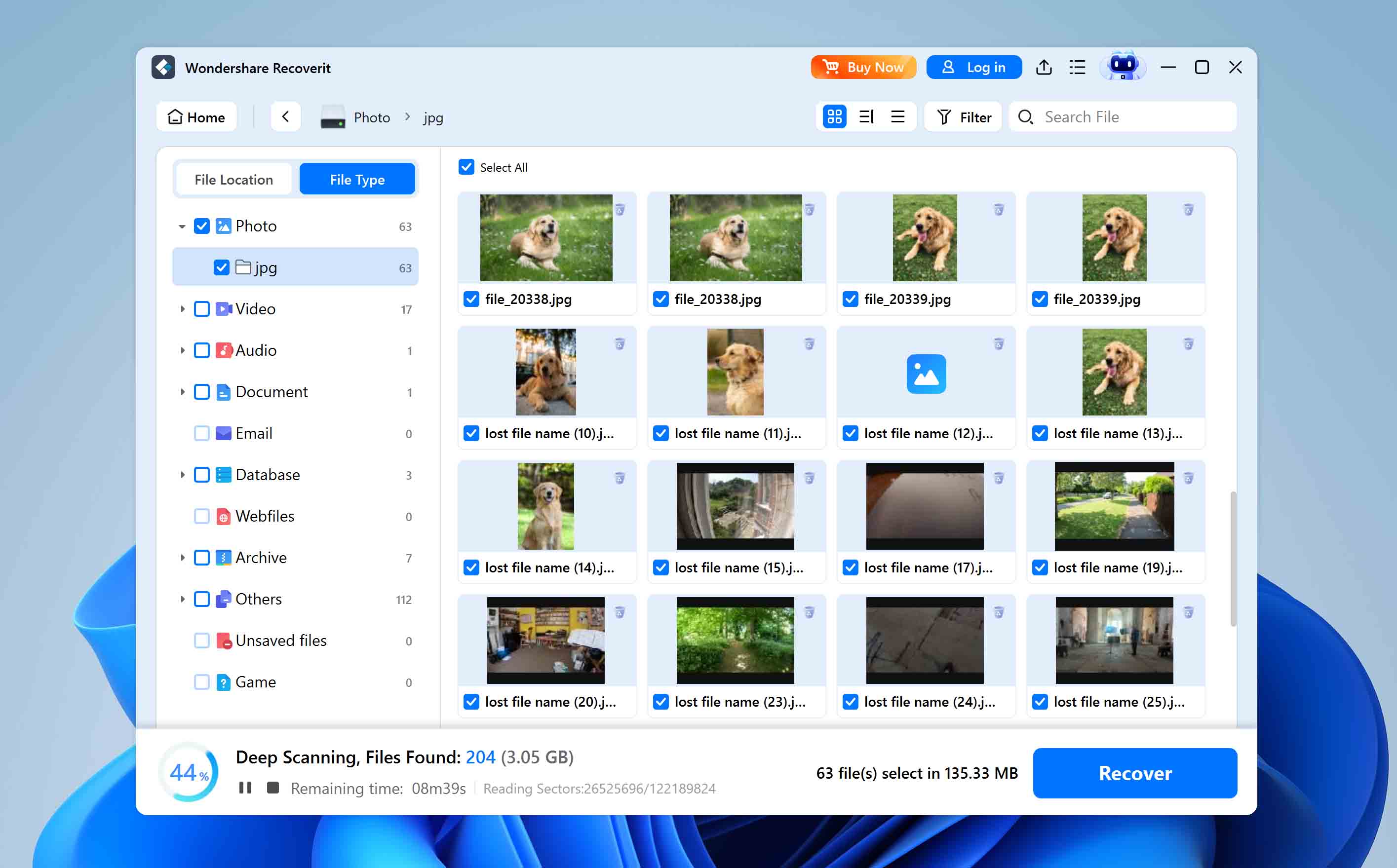 select files for recovery
