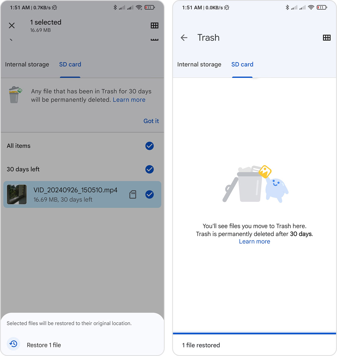 restore files from trash on android