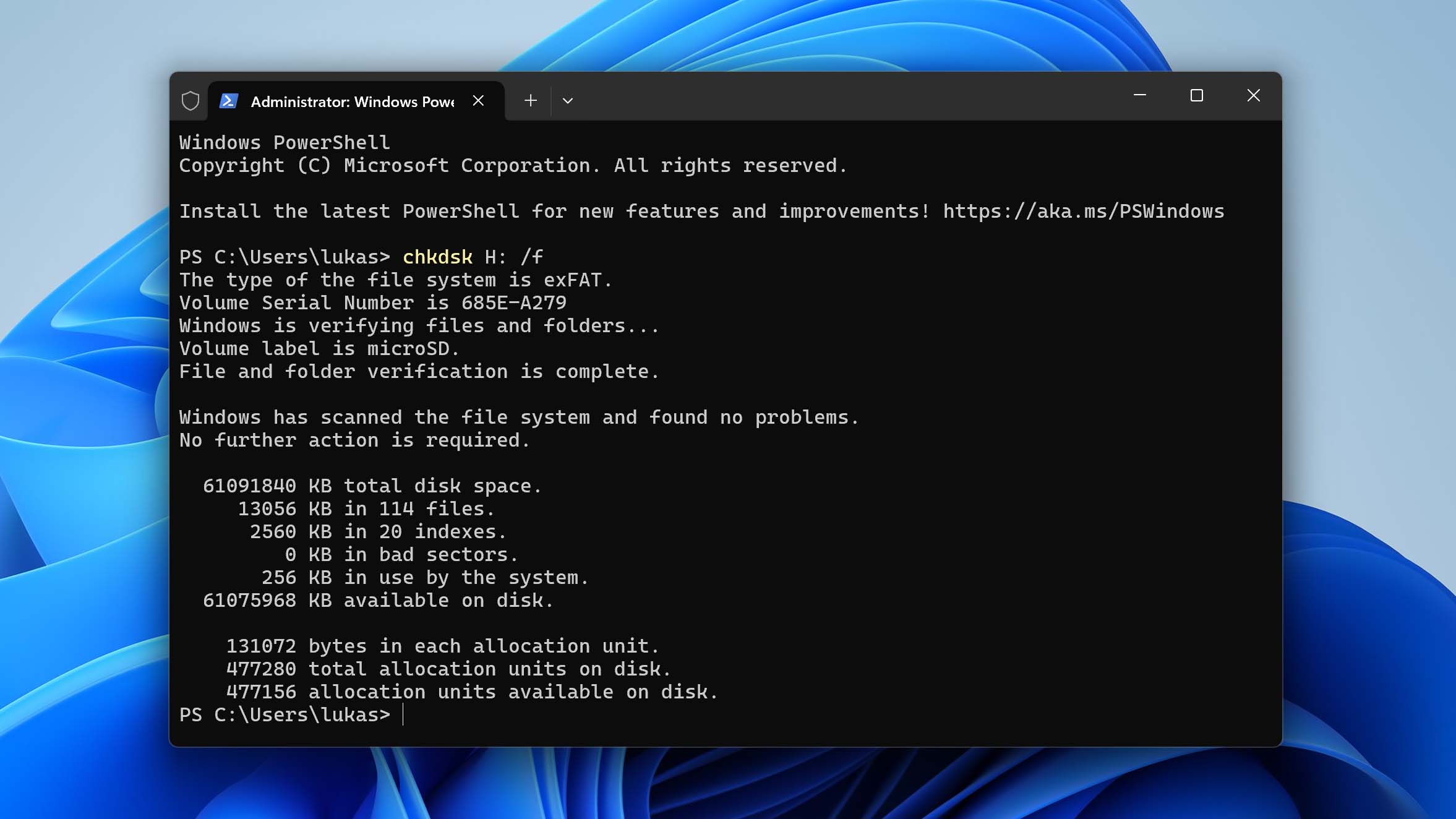 chkdsk command in windows terminal