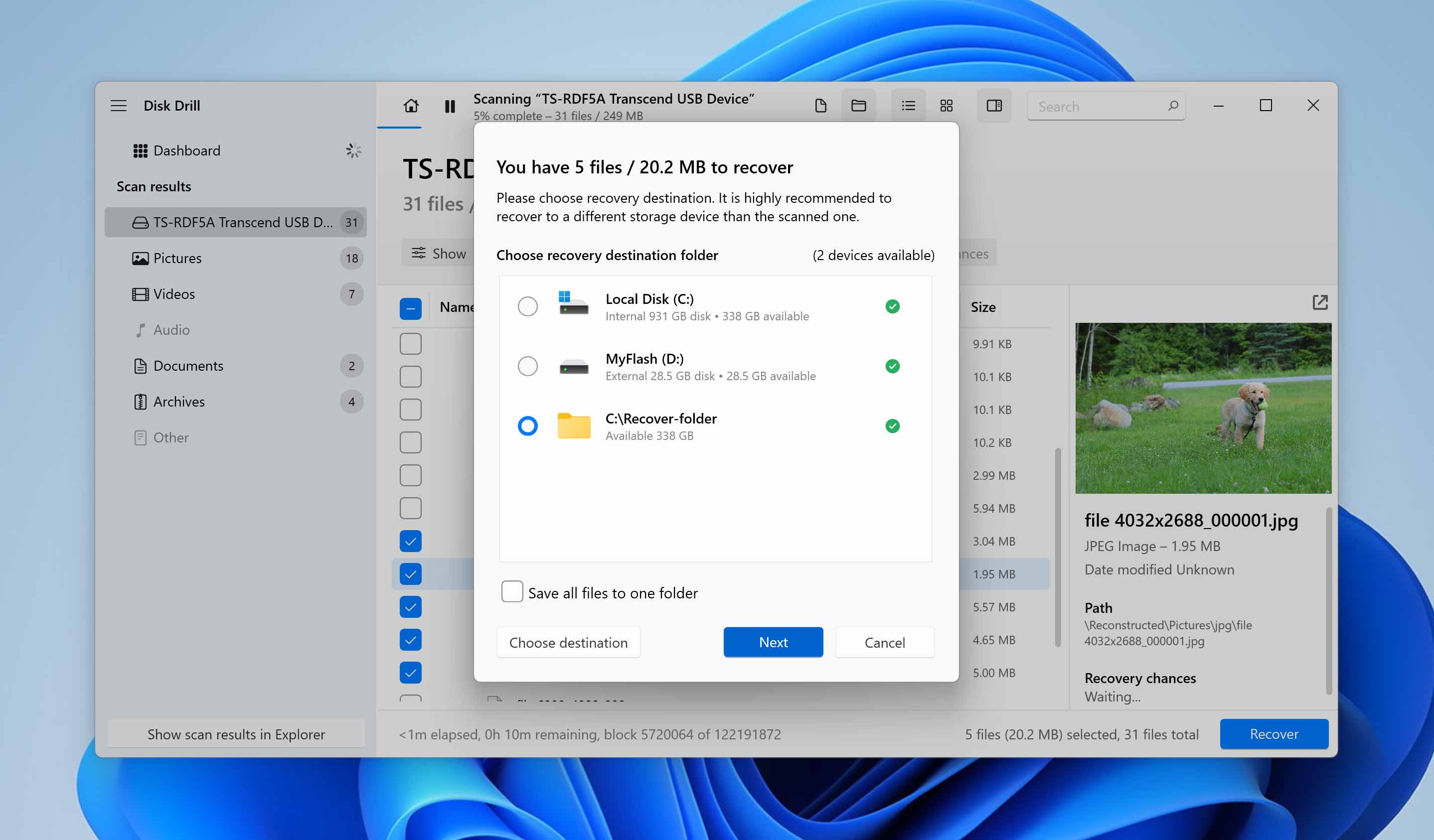 choose recovery path for files